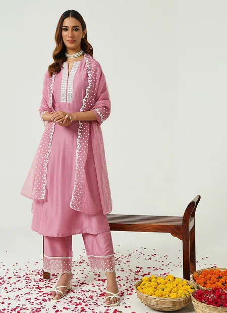 Pink SET0157 Fiorra Raksha Bandhan Special Silk Kurti With Palazzo Dupatta Wholesale Market In Surat

