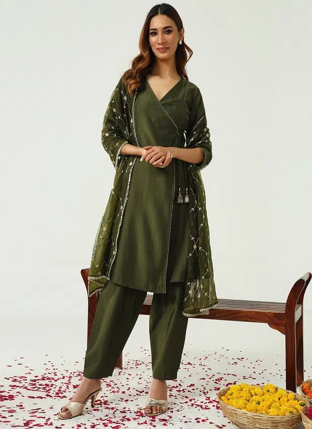 SET0165 Fiorra Green Silk Blend Angrakha Kurti With Bottom Dupatta Wholesale In India