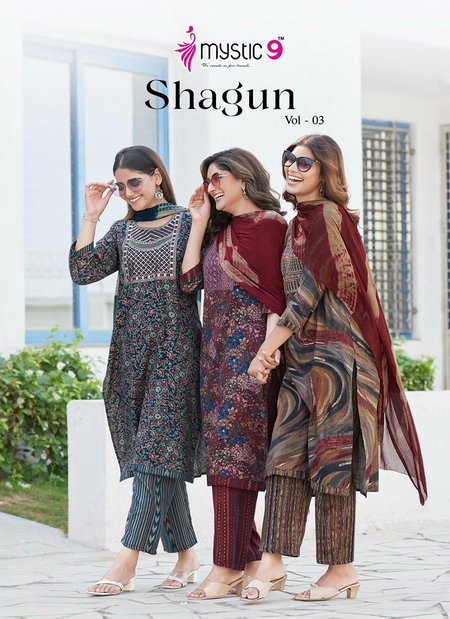 Shagun Vol 3 By Mystic 9 Rayon Foil Printed Kurti With Bottom Dupatta Wholesale Price In Surat