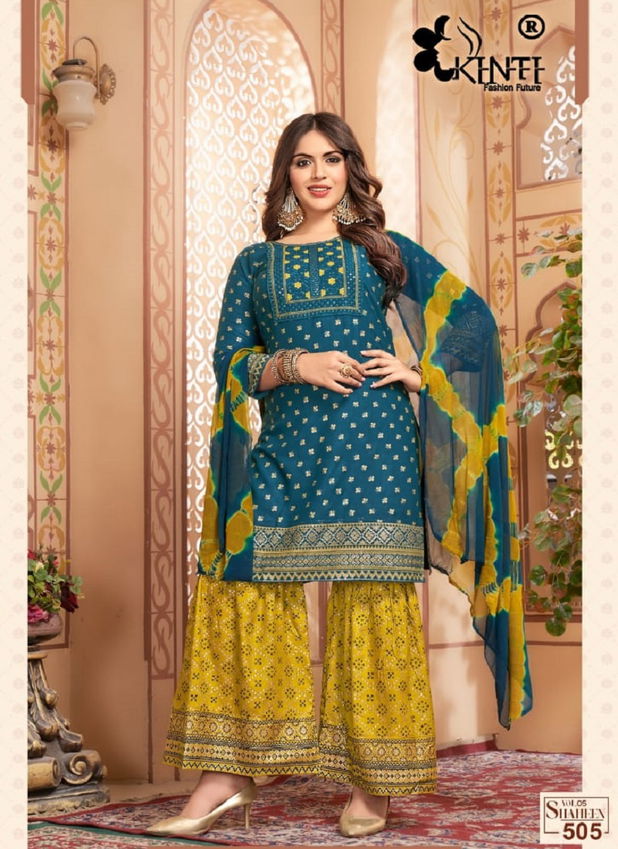 Shaheen Vol 5 By Kinti Rayon Sharara Readymade Suits Wholesale Shop In Surat
