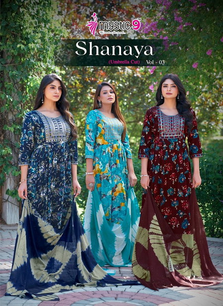 Shanaya Vol 3 By Mystic 9 Rayon Aliya Cut Kurti With Bottom Dupatta Wholesale Online