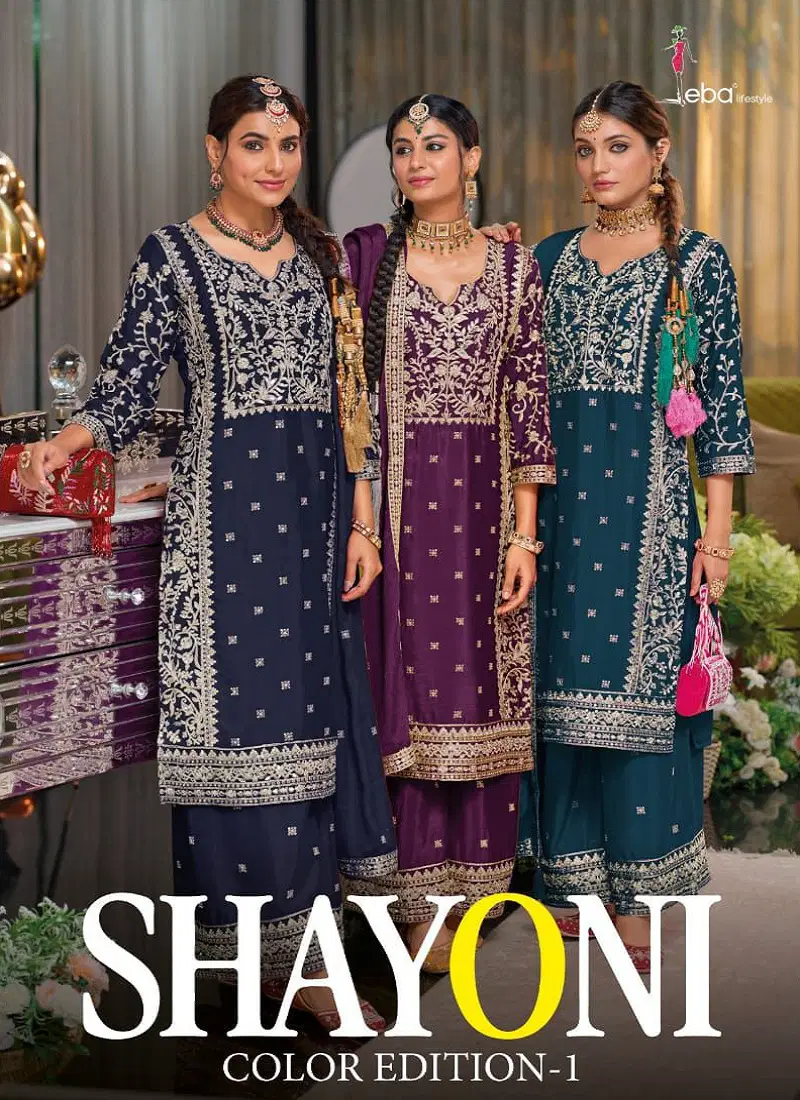 Shayoni Colour Edition 1 By Eba Chinon Embroidery Readymade Suits Wholesale Online Catalog