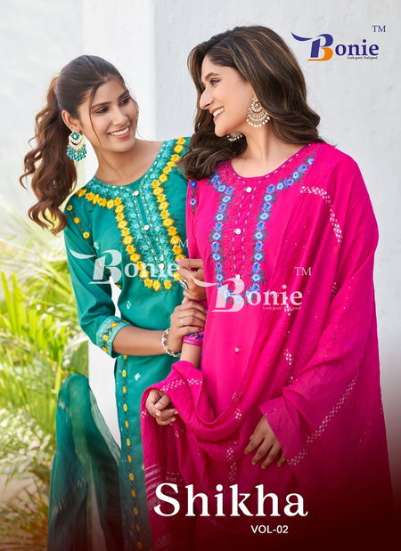 Shikha Vol 2 By Bonie Roman Silk Embroidery Kurti With Bottom Dupatta Wholesalers In Delhi
