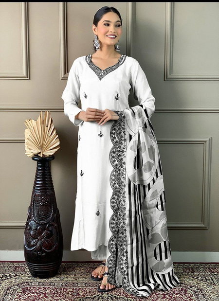 SI 125 Black And White Chanderi Viscose Embroidery Kurti With Bottom Dupatta Wholesale Online
