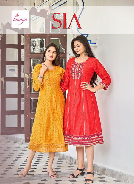 Sia Vol 3 By Hinaya Flaired Chanderi Silk Printed Long Kurtis Wholesale Shop In Surat Catalog