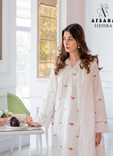 Sidhra By Afsana White Chickan Embroidery Cotton Kurti With Bottom Dupatta Wholesalers In Delhi Catalog