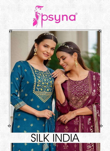 Silk India By Psyna Gold Printed Silk Party Wear Kurti With Pant Dupatta Exporters In India