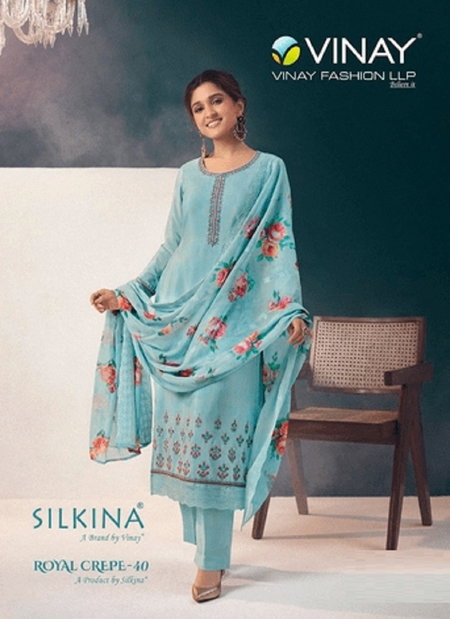 Silkina Royal Crepe 40 By Vinay Embroidered Printed Salwar Kameez Wholesalers In Delhi
