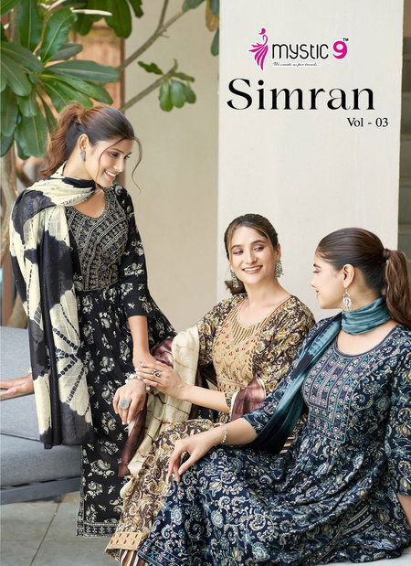 Simran Vol 03 By Mystic 9 Rayon Printed Readymade Suits Wholesale Shop In Surat