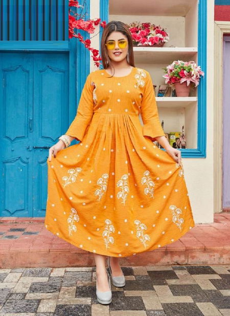 Smylee Akansha Rayon Printed Regular Wear Anarkali Kurti Collection Catalog