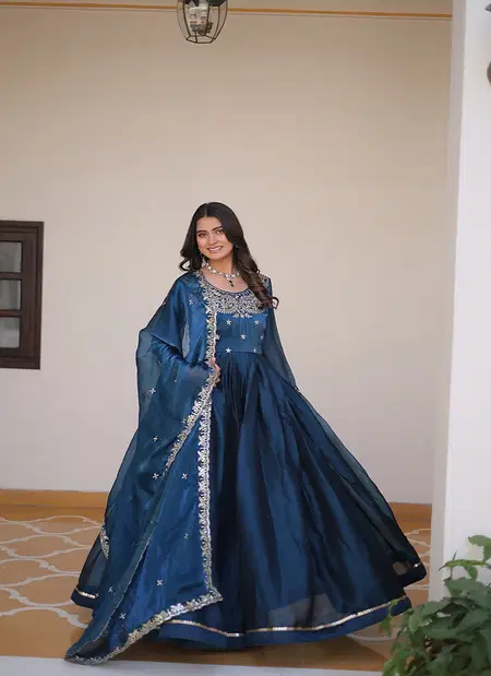 Sn 2452 Designer Burberry Silk Embroidery Wholesale Gown With Dupatta In India
