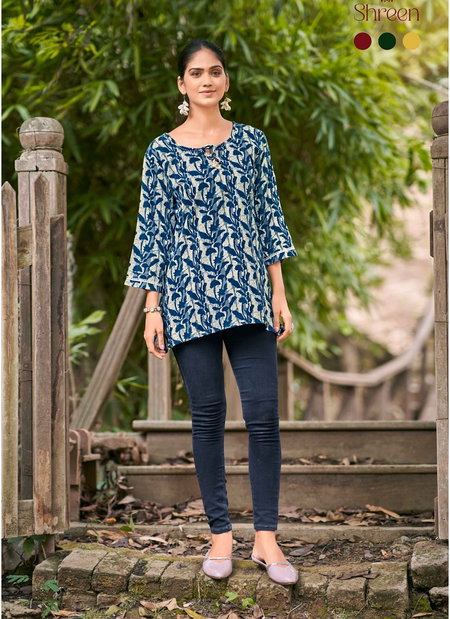 Sofia Vol 1 By Shreen Western Rayon Printed Tunic Ladies Top Wholesalers In India
