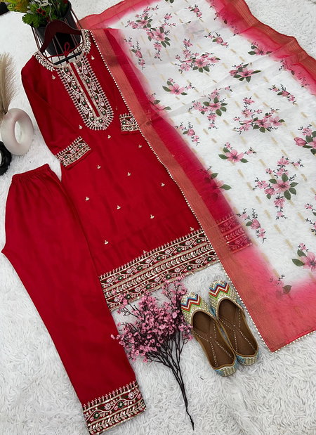 Sr 1622 Embroidery Chinnon Silk Kurti With Bottom Dupatta Wholesale Shop In Surat