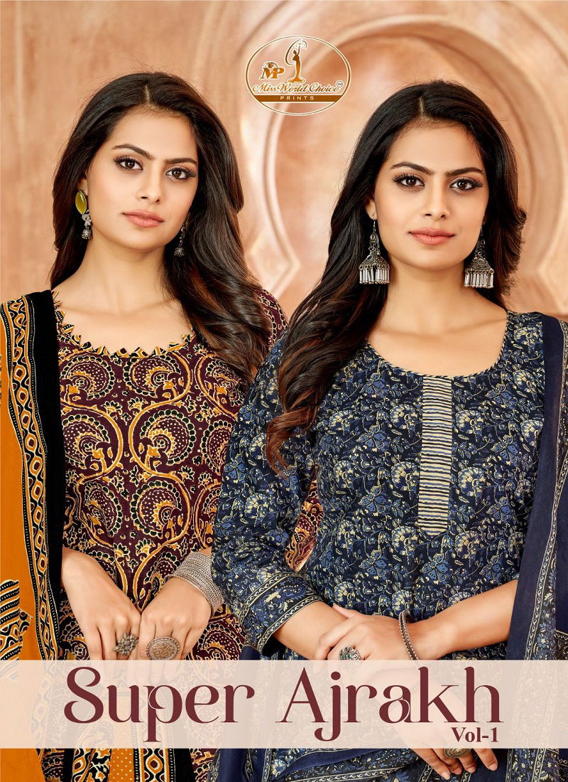 Super Ajrakh Vol 1 By Miss World Printed Cotton Dress Material Wholesale Shop In Surat Catalog