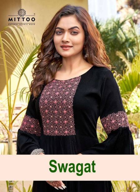 Swagat By Mittoo Naira Cut Rincle Rayon Embroidery Designer Kurtis Orders in India Catalog