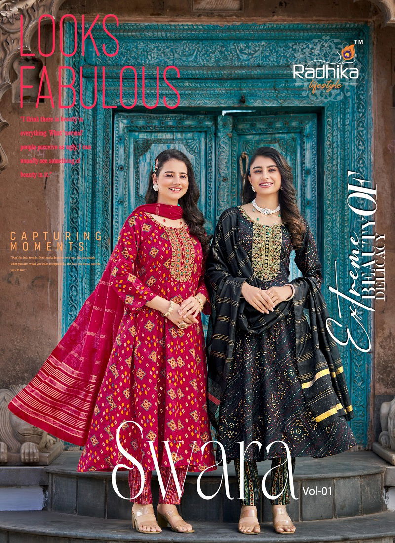 Swara Vol 1 By Radhika Rayon Anarkali Kurti With Bottom Dupatta Wholesale Online Catalog