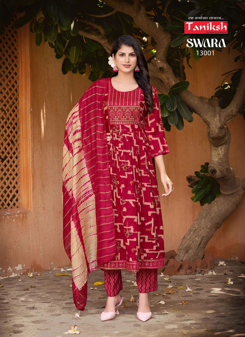 Swara Vol 13 By Taniksh Rayon Printed Embroidery Kurti With Bottom Dupatta Wholesale Online
 Catalog