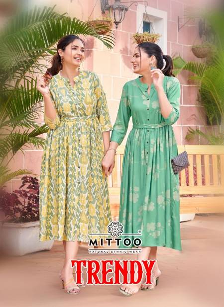 Trendy By Mittoo Rayon Printed Party Wear Kurtis Wholesale Price In Surat Catalog