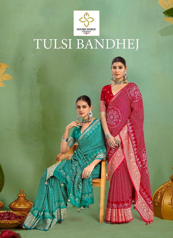 Tulsi Bandhej By Shubh Shree Tusser Silk Designer Saree Wholesale In India