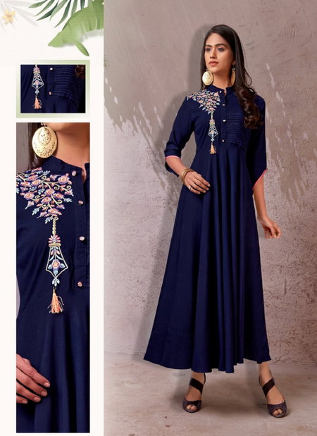 Vardan Blue Colour Riyon Flair Long Anarkali Designer Kurti Wholesale Online