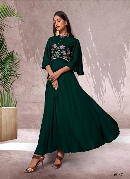 Vardan Bottle Green Colour Riyon Flair Long Anarkali Designer Kurti Orders In India