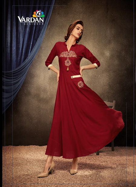 Vardan Maroon Colour Riyon Flair Long Anarkali Designer Kurti Suppliers In India