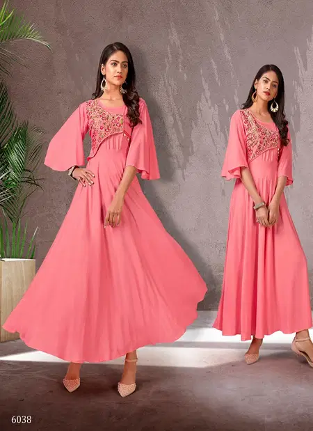 Vardan Pink Colour Riyon Flair Long Anarkali Designer Kurti Exporters In India