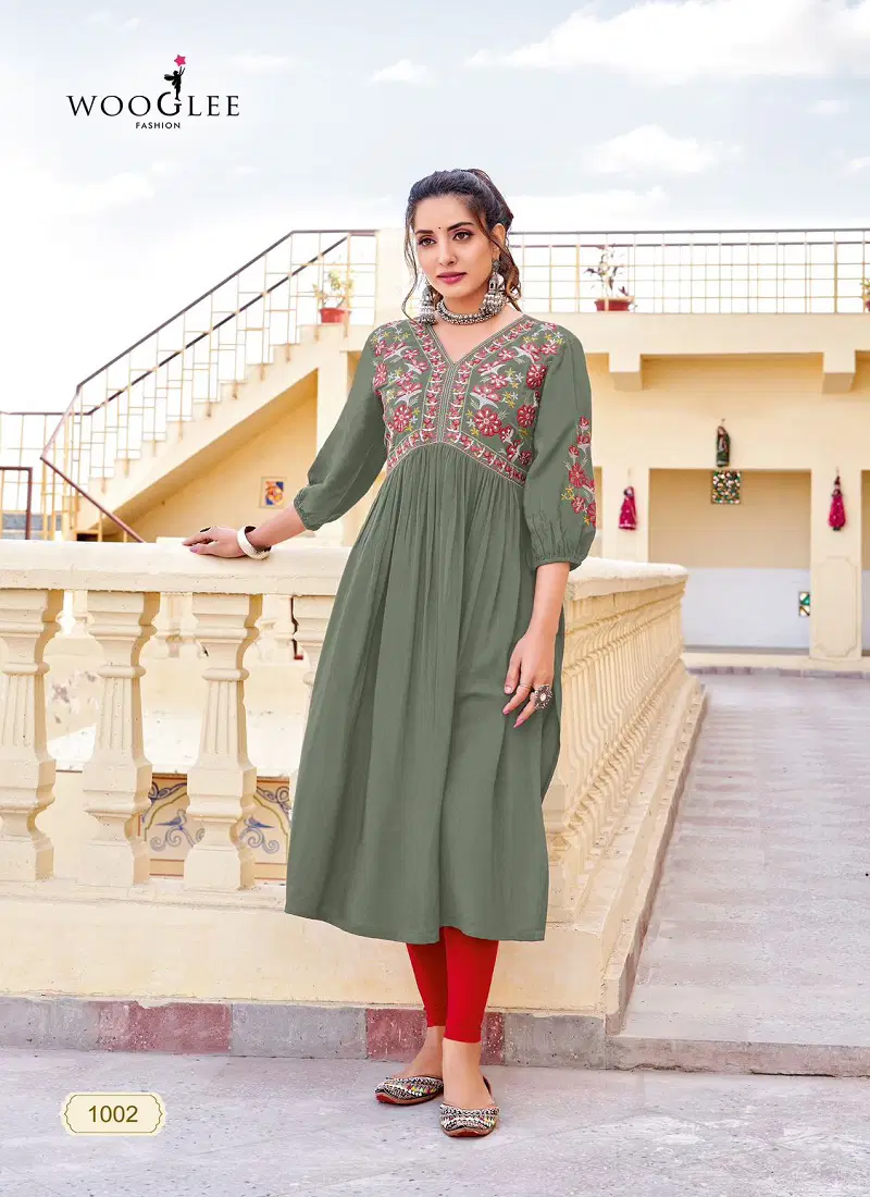 Vedam By Wooglee Rayon Designer Embroidery Kurti Wholesale Market In Surat
 Catalog