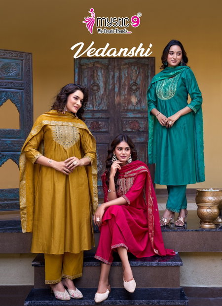 Vedanshi Vol 1 By Mystic 9 Rayon Wholesale Kurti With Bottom Dupatta In India