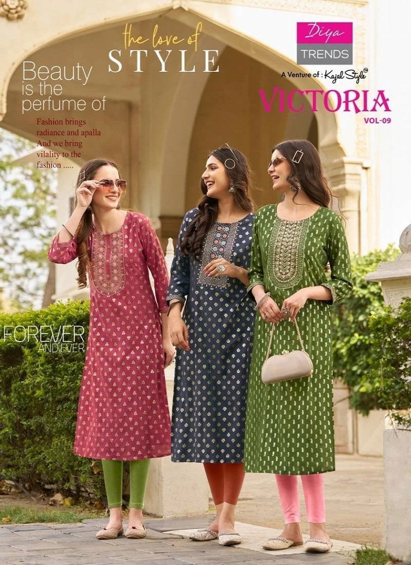 Victoria Vol 9 By Diya Rayon Foil Printed Kurtis Wholesale Shop In Surat
 Catalog