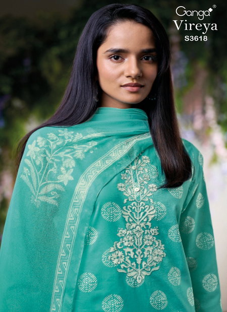 Vireya 3618 By Ganga Cotton Printed Embroidery Salwar Suit Exporters In India