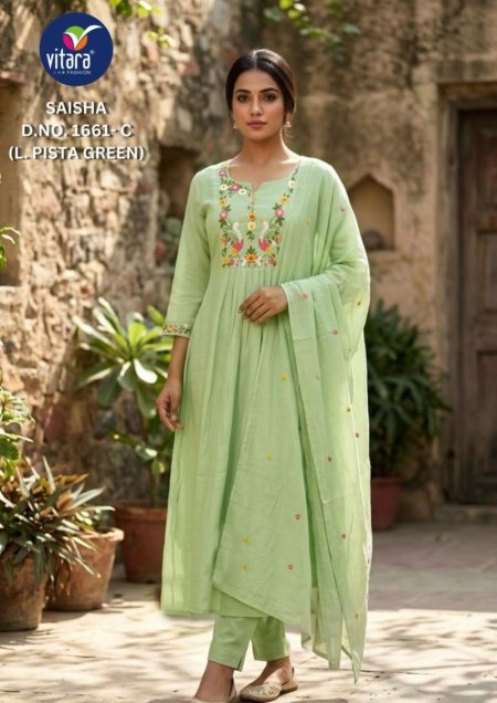 Saisha By Vitara Mul Chiffon Katha Kurtis Set Size Combo