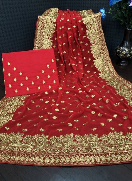 Heavy Stone Work Sarees for Wedding in Red Color