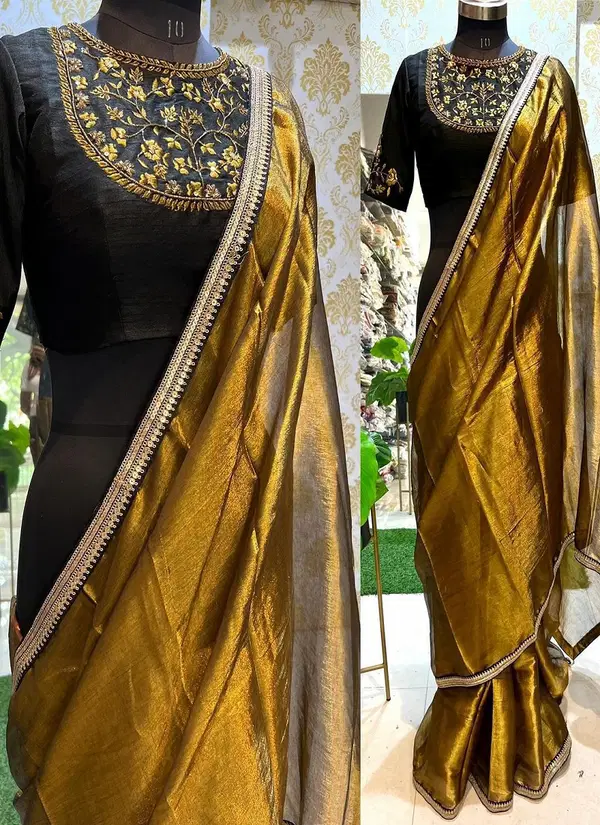 Vivera Golden Tissue Silk Fancy Party Wear Saree Exporters In India