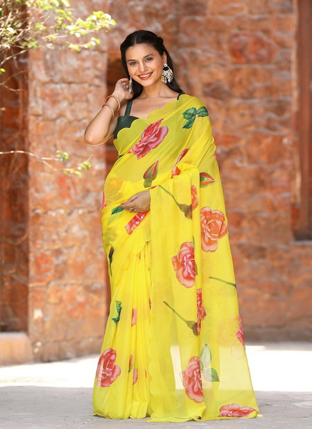 VK 4230 Yellow Colour Handwork Organza Printed Sarees Wholesale Price In Surat