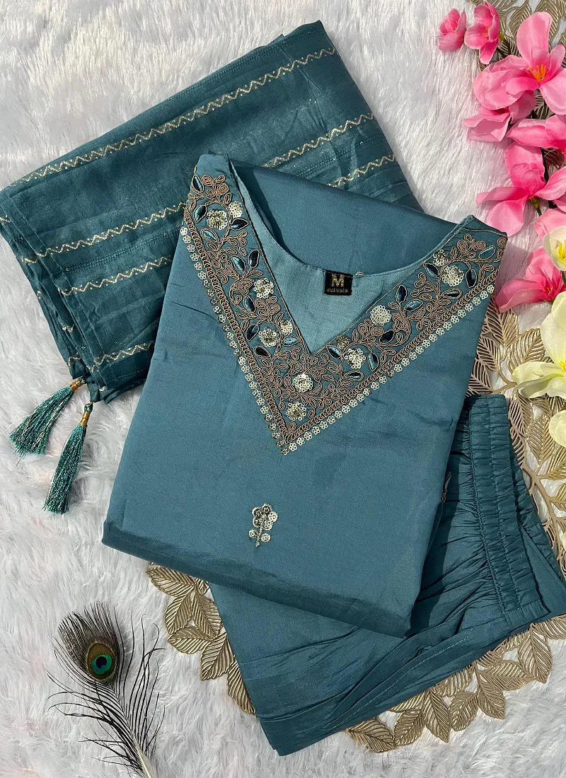 VT Designer Denim Blue Colour Roman Silk Embroidery Kurti With Bottom Dupatta Orders In India Catalog