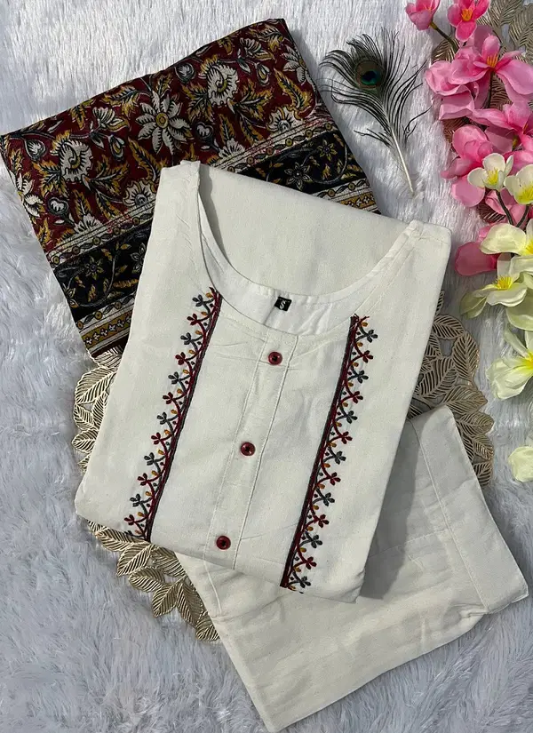 VT Designer Off White Embroidery Khadi Cotton Kurti With Bottom Dupatta Wholesale Online