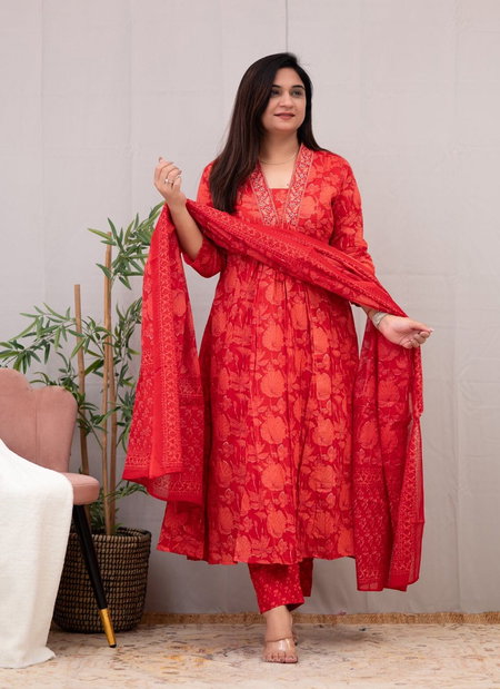 Vt Designer Red Printed Cotton Designer Kurti With Bottom Dupatta Wholesale Shop In Surat
