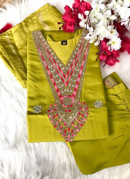 VT Designer Roman Silk Embroidery Kurti With Bottom Dupatta Wholesalers In Delhi
