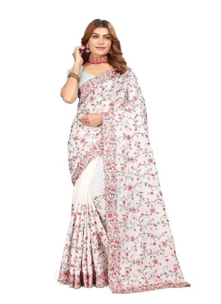 White Multi Evergreen By Utsav Nari Tusser Silk Embroidery Sarees Orders In India Catalog