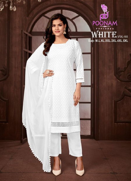 White Vol 2 By Poonam White Rayon Kurti With Bottom Dupatta Wholesale Online
 Catalog