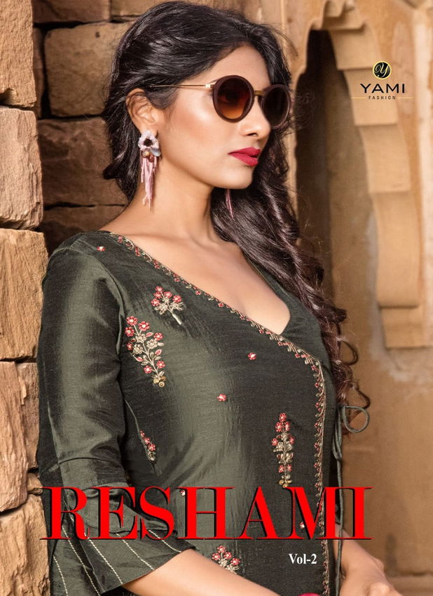 YAMI RESHAMI VOL-2 Latest Fancy Festive Wear Viscos Embroidery Work Kurtis With palazzo Collection