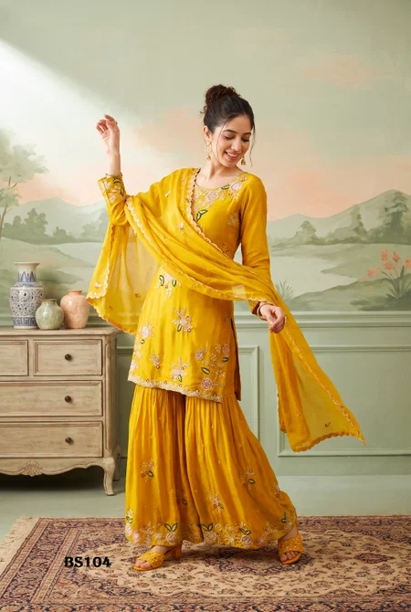 Yellow Colour Luxuria Vol 1 By Beriston Natural Crepe Sharara Suit BS104