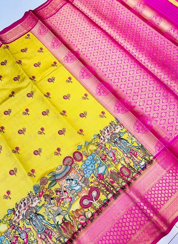 Yellow kalamkari tissue Silk Vol 2 Printed Non Catalog Saree Orders In India