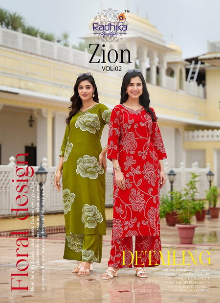 Zion Vol 2 By Radhika Rayon Printed Wholesale Kurti With Bottom Suppliers In Mumbai