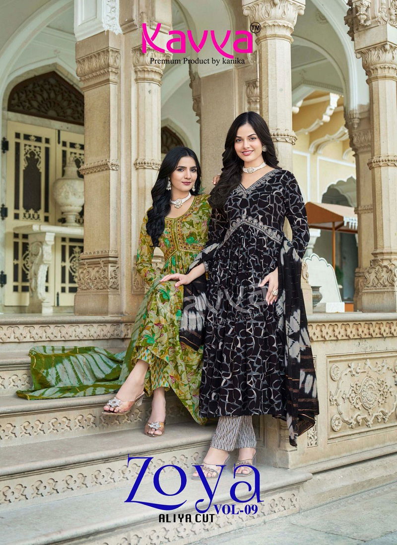 Zoya Vol 9 By Kavya Rayon Foil Aliya Cut Kurti With Bottom Dupatta Orders In India Catalog