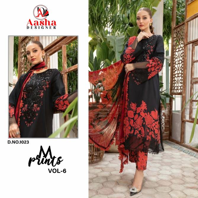 Aasha M Print Vol 6 Chiffon Dupatta Embroidery Pakistani Suits Wholesale Market In Surat