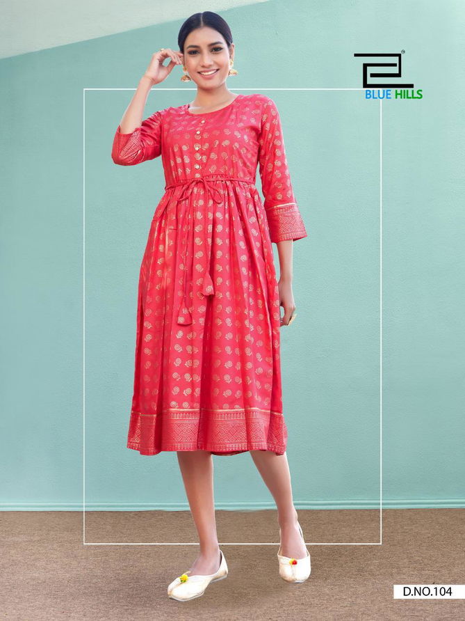 Blue Hills Shine Latest Fancy Designer Ethnic Wear Rayon Gold Print Kurtis Collection
