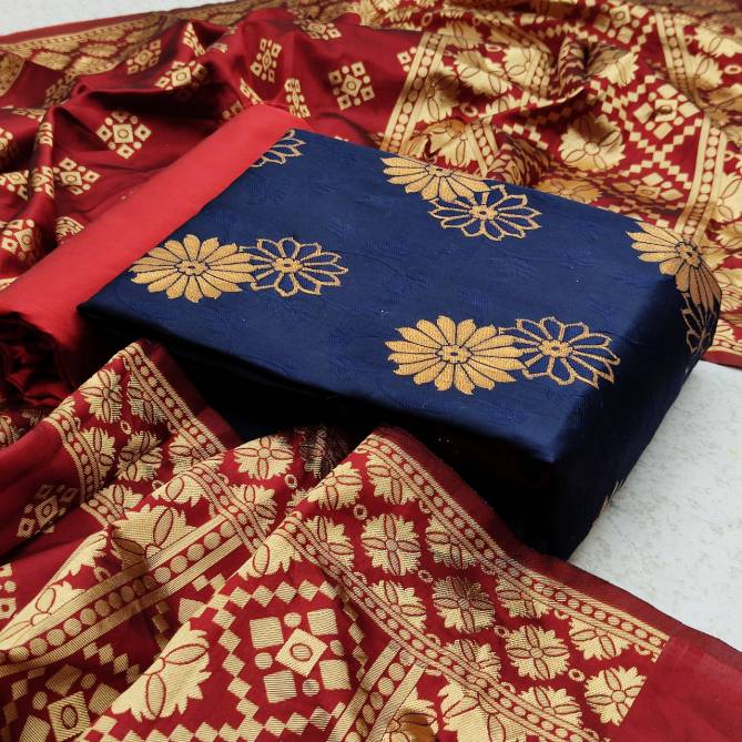 Blooming Blue Designer Fancy Latest Designer Casual Wear Banrasi Silk Dress Material Collection
