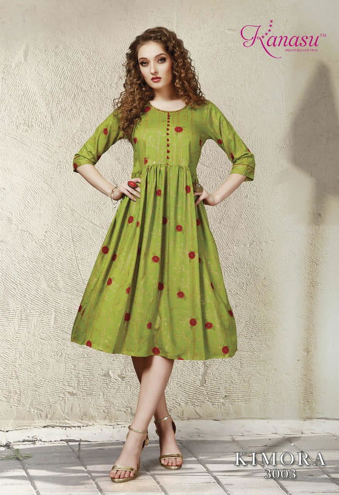 Kanasu Kimora Latest Designer Fancy Ethnic Wear Pure Rayon Printed Anarkali Kurtis Collection
